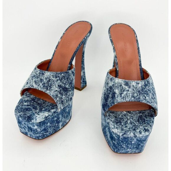 NEW AMINA MUADDI Dalida Blue Denim Square Open Toe Platform Pumps Size E… - Picture 7 of 12